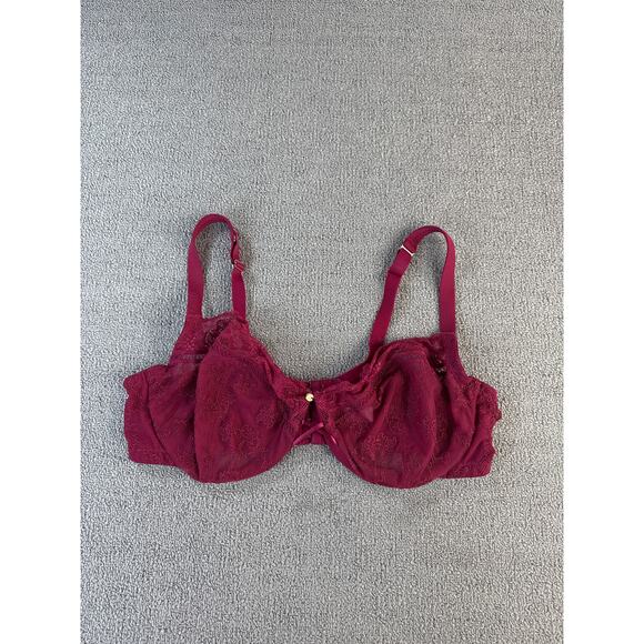 Cacique Bra Unlined Demi Sheer Lace Burgundy Sexy Lingerie Size 44D - Picture 1 of 9